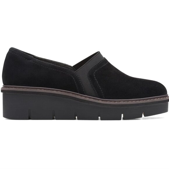 Clarks Airabell Mid Suede Wedge Loafers Comfort Black Women US 9M - Picture 1 of 16
